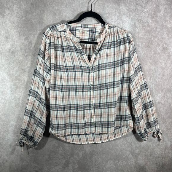 Faherty Top Womens Cream Gray Plaid Button Front Long Sleeves V-Neck Casual‎ - Picture 1 of 9